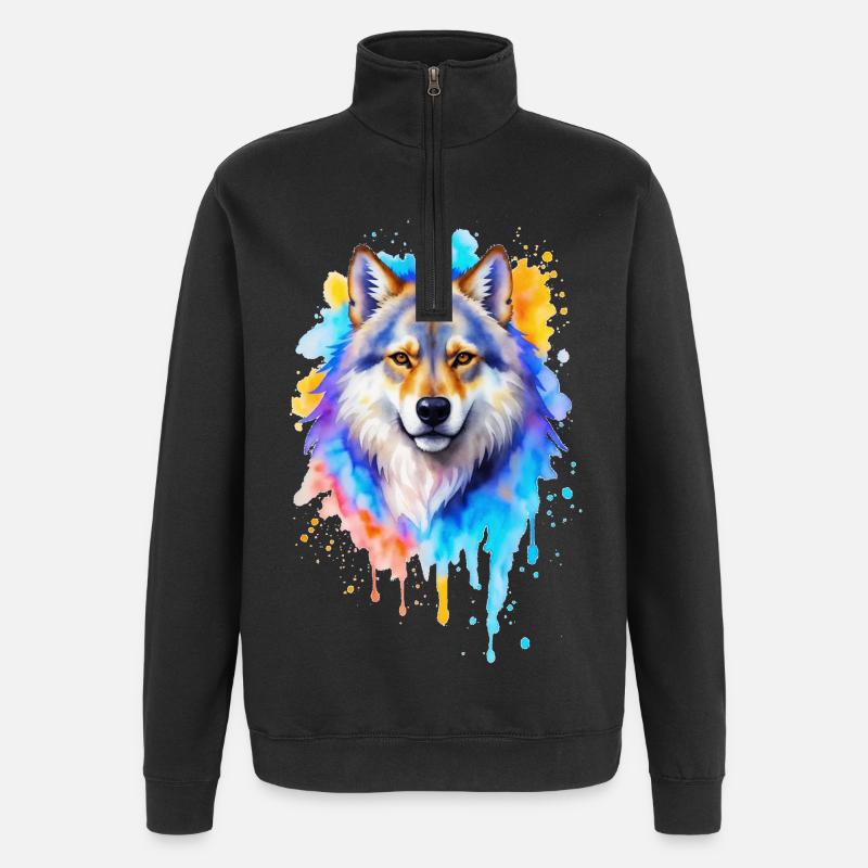 Wolf Aquarell - Quarter-Zip-Sweatshirt - Schwarz