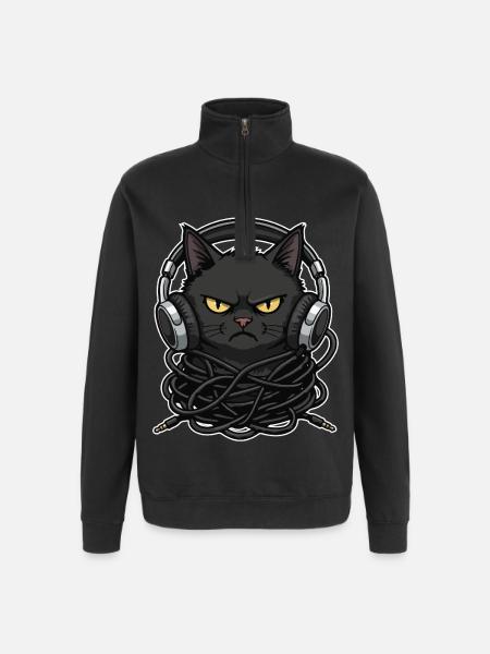 Cable Chaos Cat Music Headphones - Quarter-Zip Sweatshirt - black