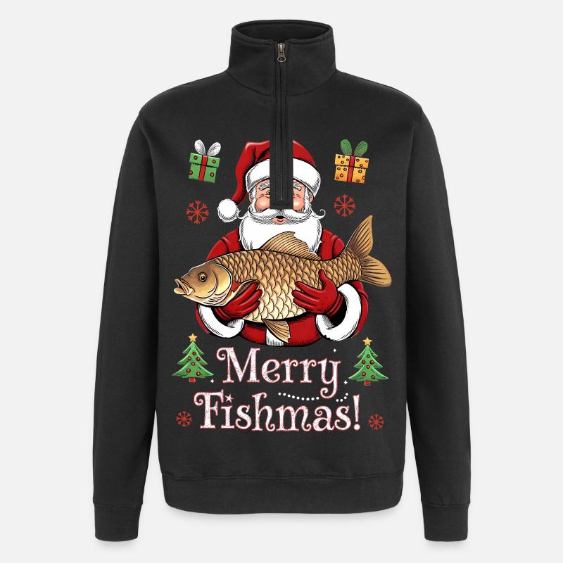 Angler Weihnachtspullover Merry Fishmas Karpfen - Quarter-Zip-Sweatshirt - Schwarz
