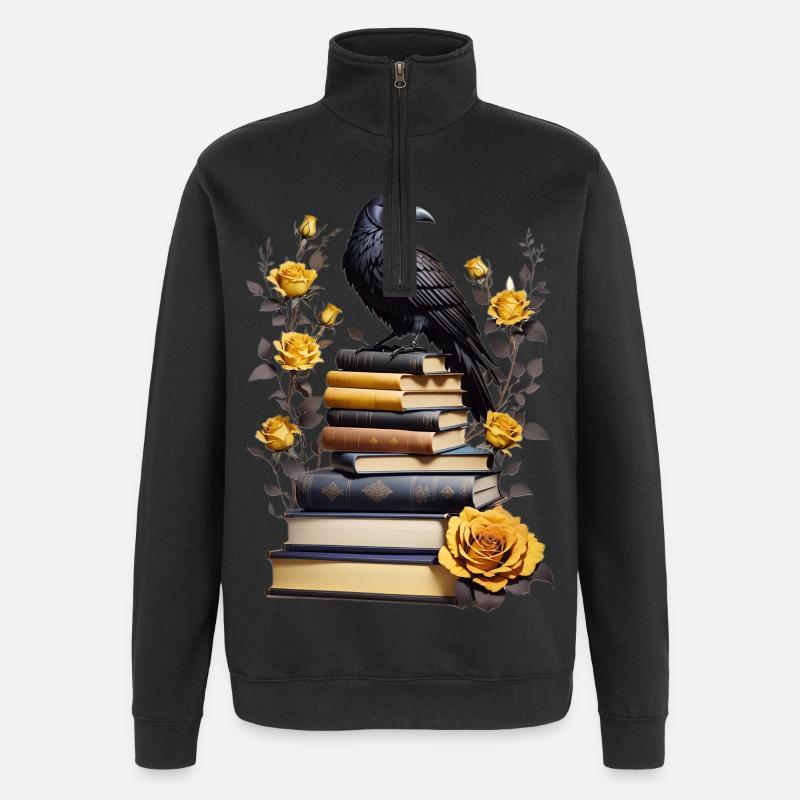 Bücherstapel mit Rabe - Quarter-Zip-Sweatshirt - Schwarz