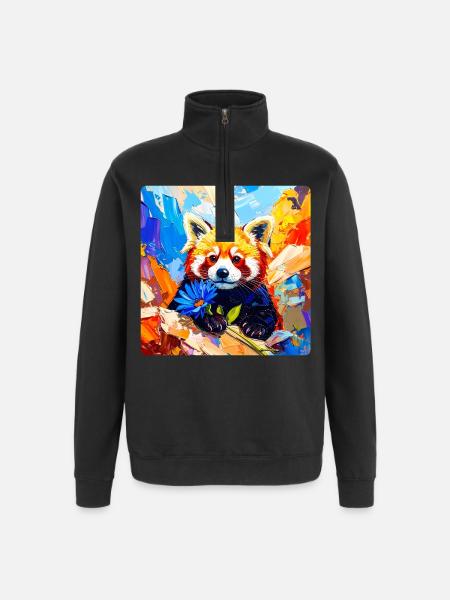 Red Panda Blue Flower - Quarter-Zip Sweatshirt - black