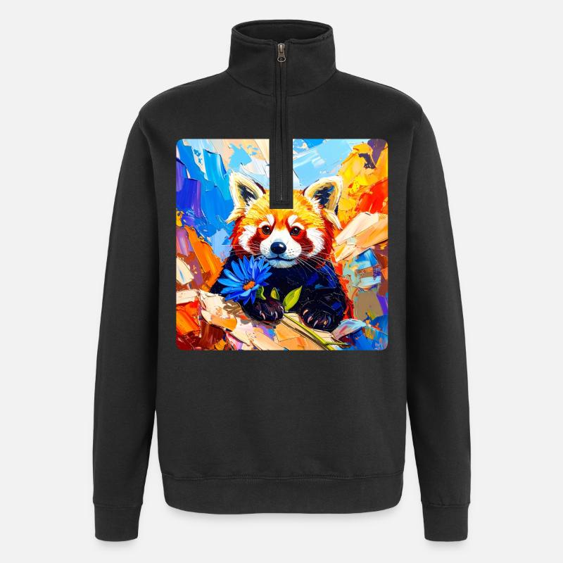 Red Panda Blue Flower - Quarter-Zip Sweatshirt - black
