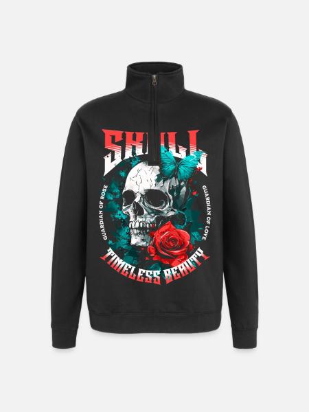 Skull Skull Rose Flower Butterfly - Quarter-Zip Sweatshirt - black