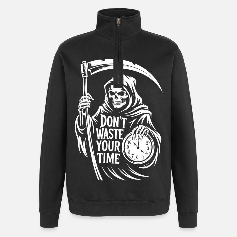 Dødens Dødsur – Spild ikke din tid-motiv - Sweatshirt med 1/4 lynlås - sort