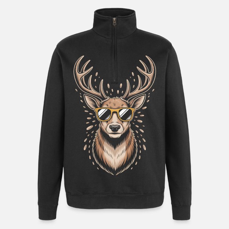 Hirsch mit Geweih und Sonnenbrille - Quarter-Zip-Sweatshirt - Schwarz