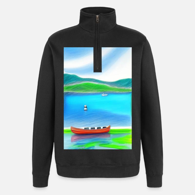 Landschaft mit See, Boot und Berge - Quarter-Zip-Sweatshirt - Schwarz