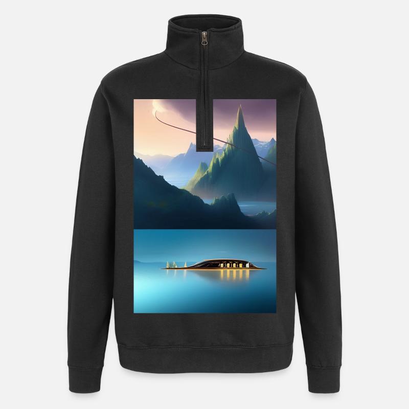 Landschaft mit See, Boot und Berge - Quarter-Zip-Sweatshirt - Schwarz