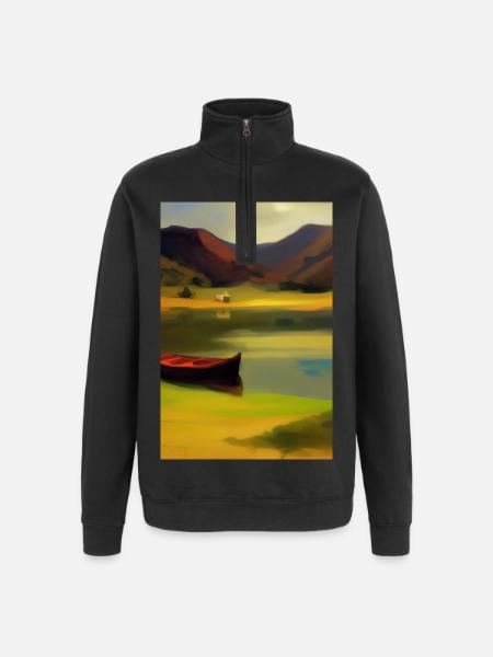 Landscape with lake, boat and mountains - Quarter-Zip Sweatshirt - black