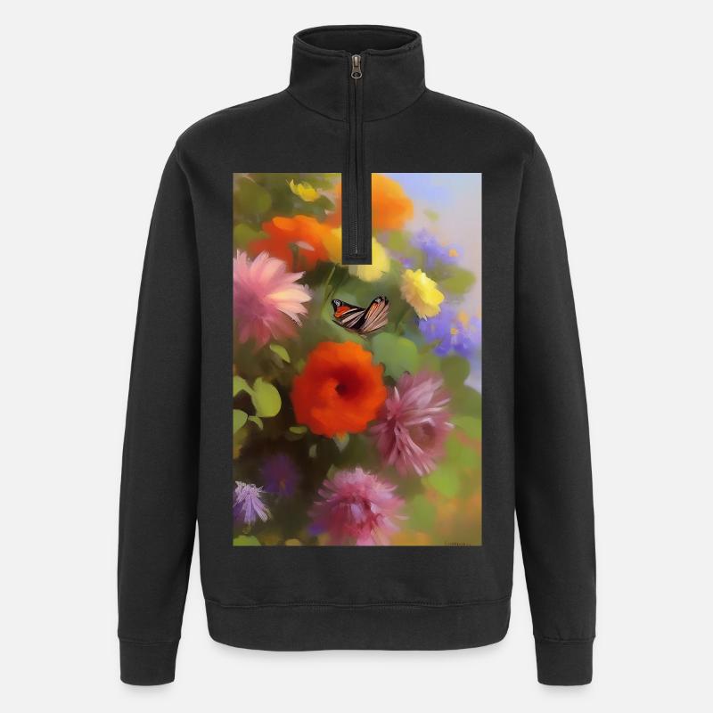 Fleurs et papillon - Sweat à zip 1/4 - noir