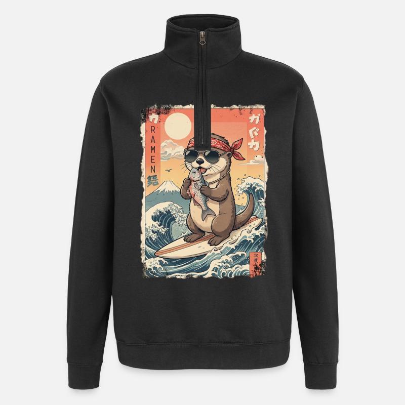 Loutre de surf de Kawaii - Sweat à zip 1/4 - noir