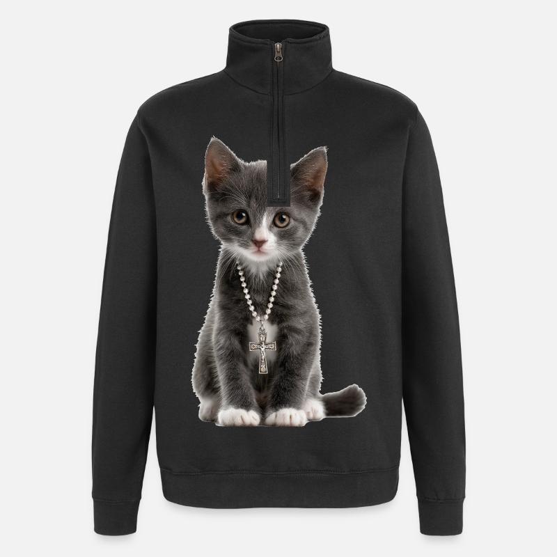 Collier croix de chat chrétien - Sweat à zip 1/4 - noir