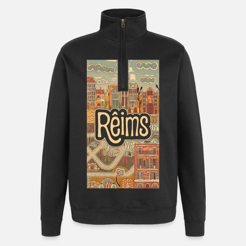 Paysage urbain de Reims Illustration rétro - Sweat à zip 1/4 - noir