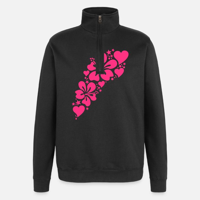 fleurs d'hibiscus, motif de coeurs - Sweat à zip 1/4 - noir