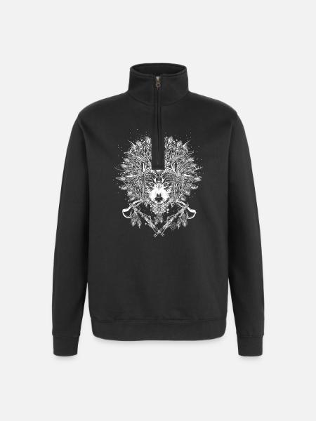 Wolf Häuptling mit Kopfschmuck - Quarter-Zip-Sweatshirt - Schwarz