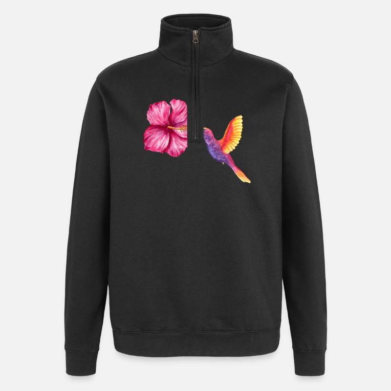 Colibri et Hibiscus en Aquarelle - Sweat à zip 1/4 - noir