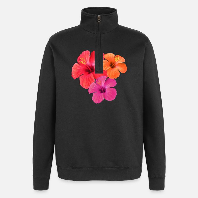 Tropical Hibiscus Threesome in Red, Orange & Pink - Quarter-Zip Sweatshirt - black