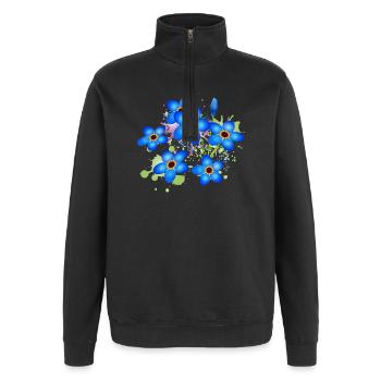 graffiti bleu vif oublie-moi-pas - Sweat à zip 1/4 - noir - Devant - AI Model Female 172 light (172cm) & AI Model Male 178 dark (178cm)
