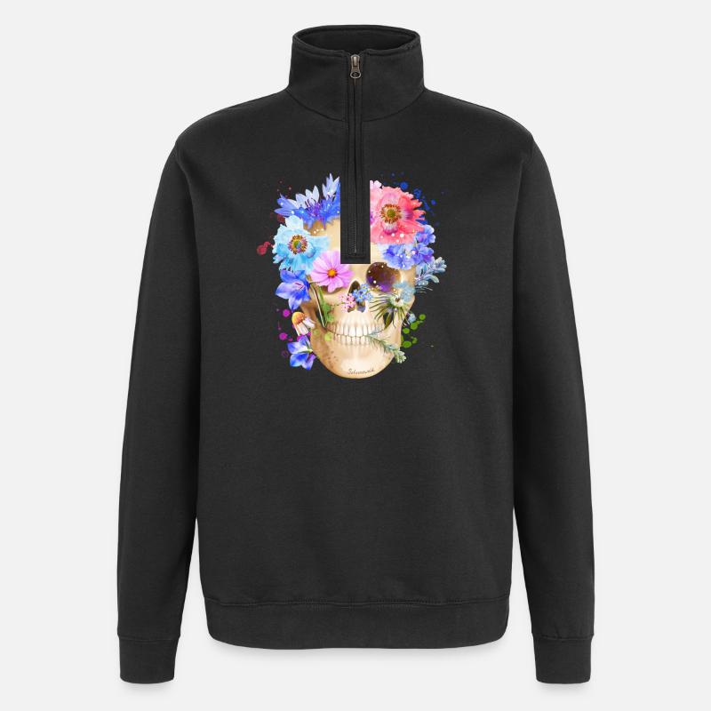 Crâne coloré avec des fleurs de pavot - Sweat à zip 1/4 - noir