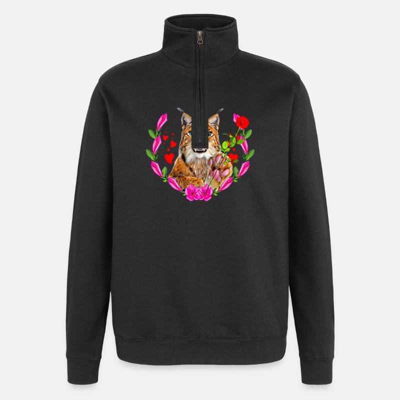 Chat lynx avec rose pour l’amour - Sweat à zip 1/4 - noir