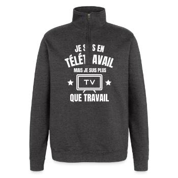 télétravail, travail, fan de télé - Sweat à zip 1/4 - charbon - Devant - AI Model Female 172 light (172cm) & AI Model Male 178 dark (178cm)