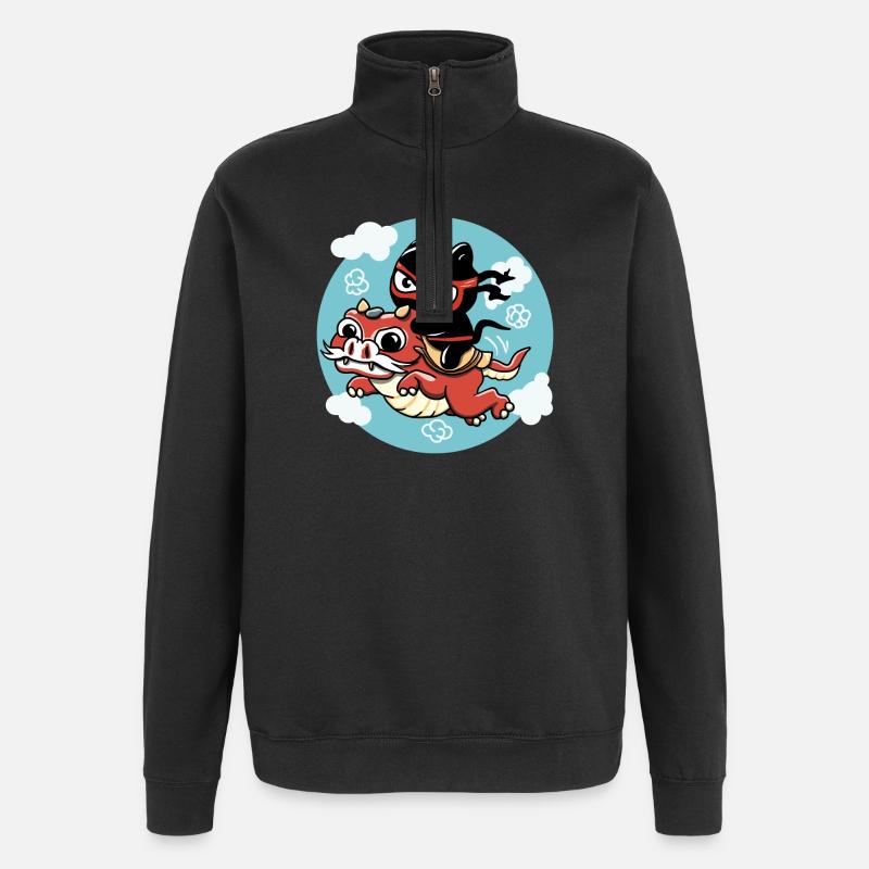 Kawaii Ninja Katze reitet auf einem roten Drachen - Quarter-Zip-Sweatshirt - Schwarz
