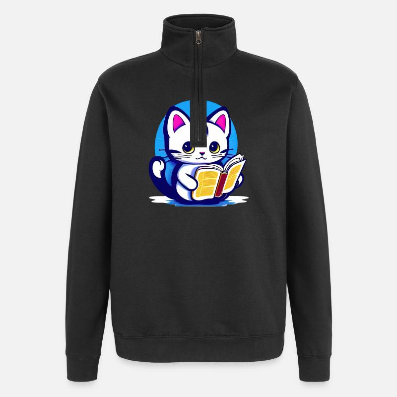 Katze liest ein Buch - Quarter-Zip-Sweatshirt - Schwarz