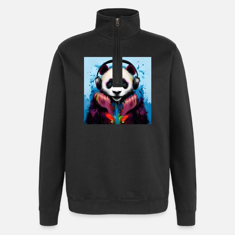 Panda avec casque néon - Sweat à zip 1/4 - noir