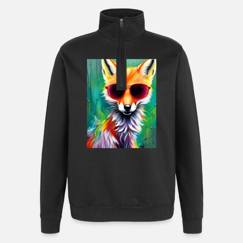 Neonfuchs mit roter Sonnenbrille - Quarter-Zip-Sweatshirt - Schwarz