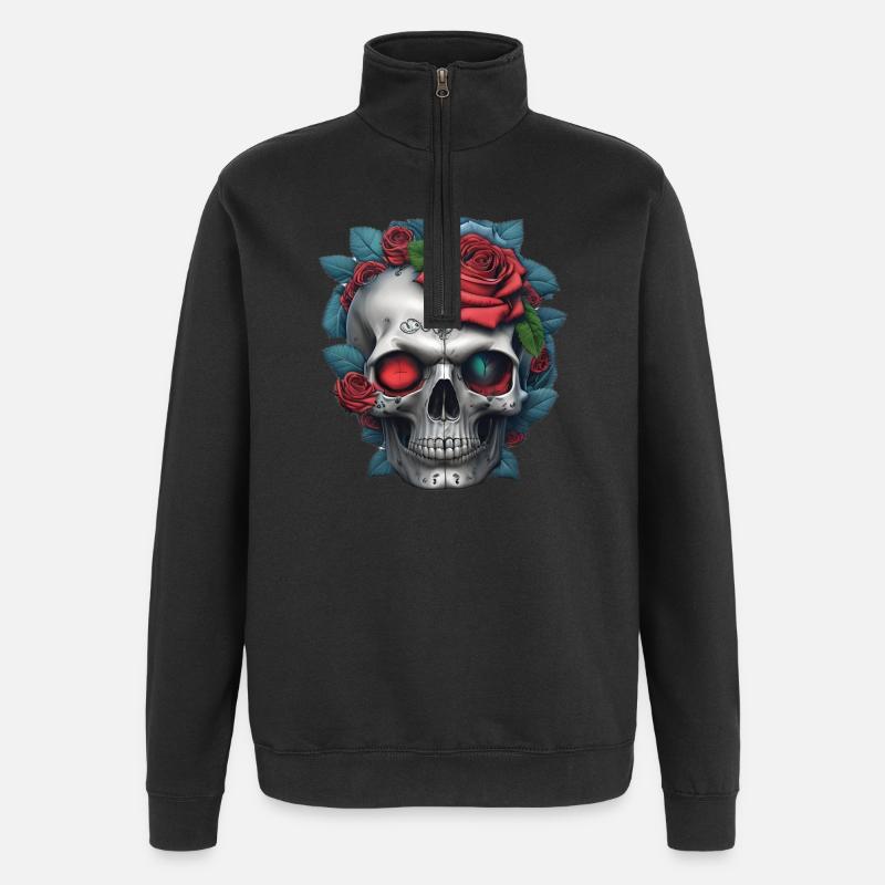 Crâne avec des roses - Sweat à zip 1/4 - noir