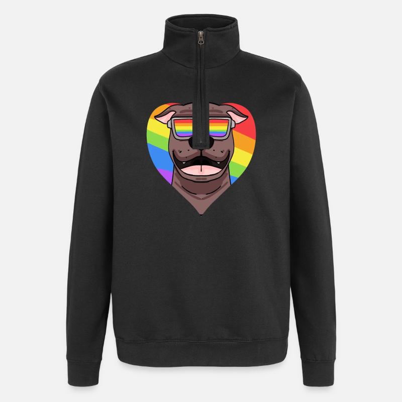Regenbogen - Hund Pit Bull mit Brille - Quarter-Zip-Sweatshirt - Schwarz