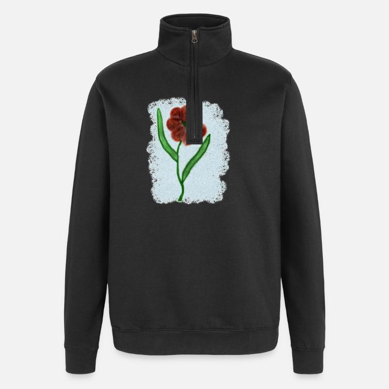 Rostrote Blume mit Grünen Blättern - Quarter-Zip-Sweatshirt - Schwarz