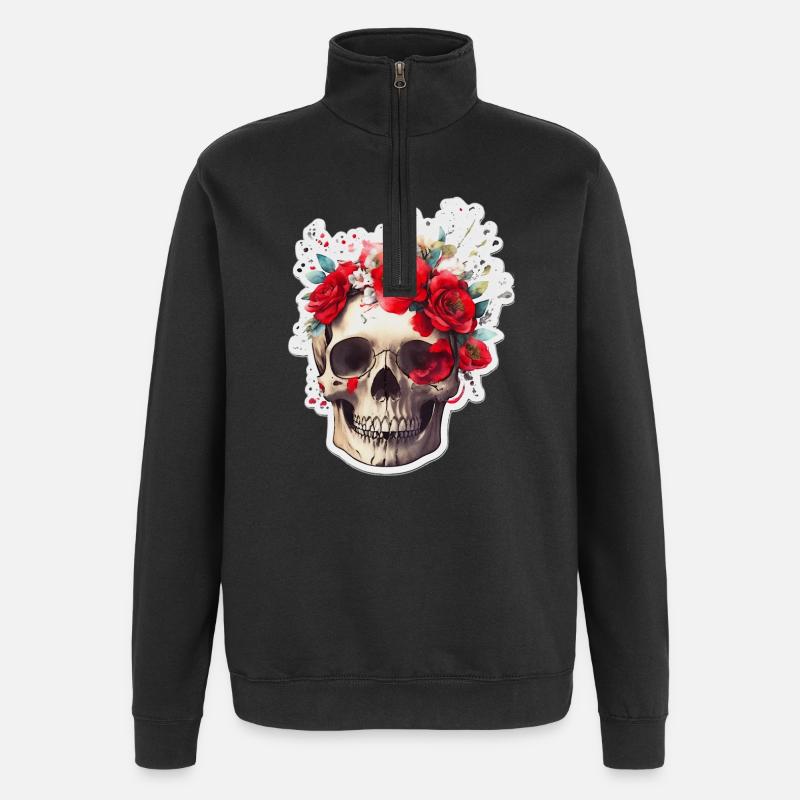 Crâne à fleurs rouges - Sweat à zip 1/4 - noir