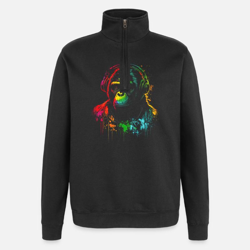 Regenbogen Gorilla Kopfhörer - Quarter-Zip-Sweatshirt - Schwarz