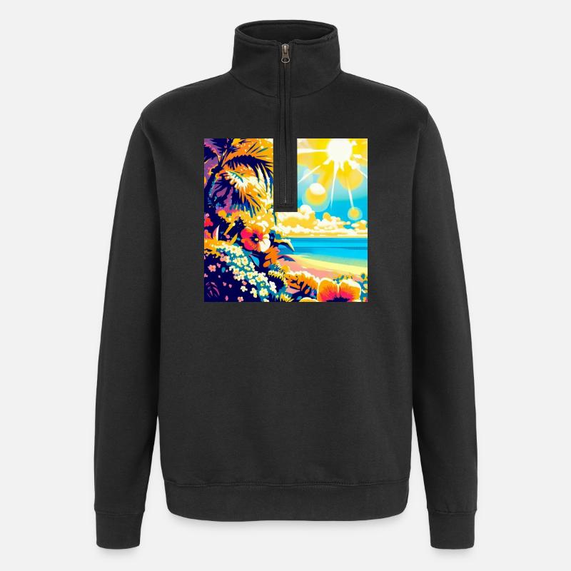 Plage tropicale rétro et soleil - Sweat à zip 1/4 - noir