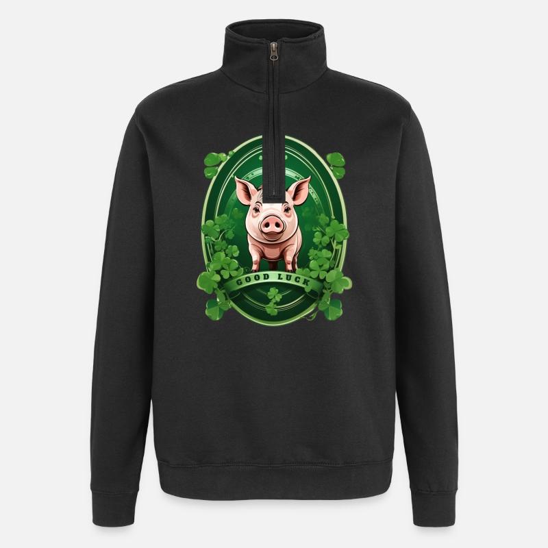 Cochon chanceux avec trèfles - Sweat à zip 1/4 - noir