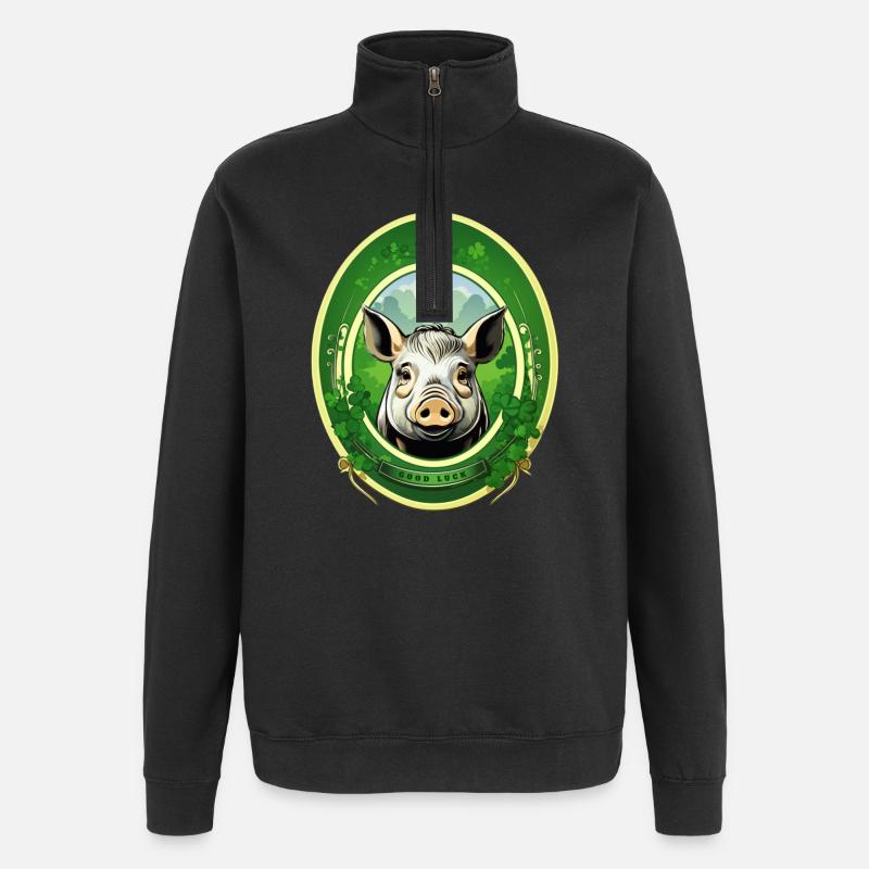 Cochon chanceux avec trèfles - Sweat à zip 1/4 - noir