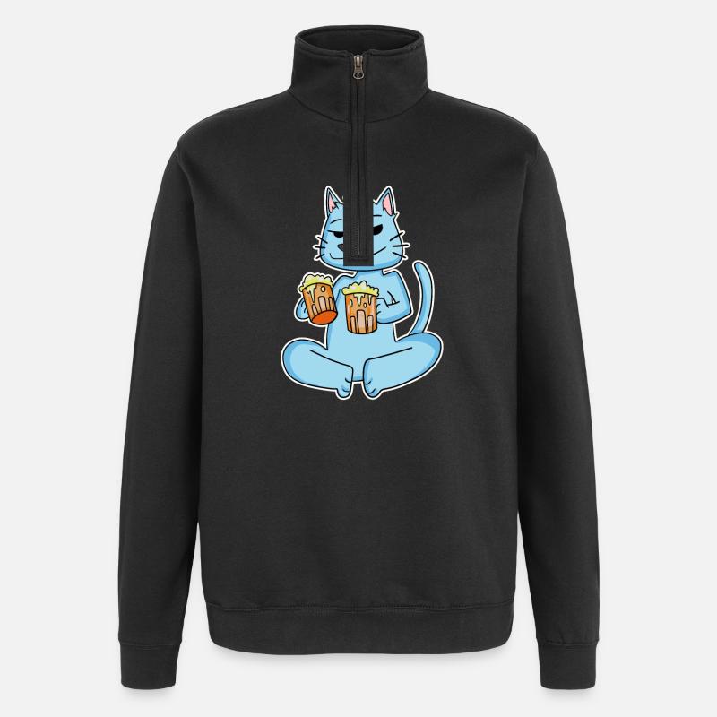 Katze mit Bier - Quarter-Zip-Sweatshirt - Schwarz