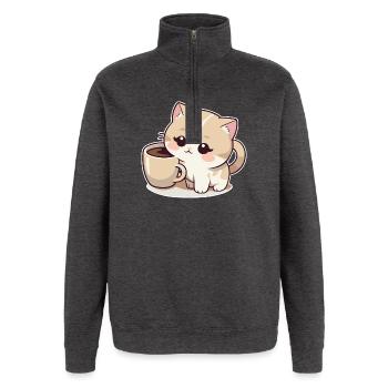 Chat au café - Sweat à zip 1/4 - charbon - Devant - AI Model Female 172 light (172cm) & AI Model Male 178 dark (178cm)