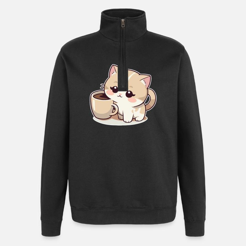 Cat with Coffee - Quarter-Zip Sweatshirt - black
