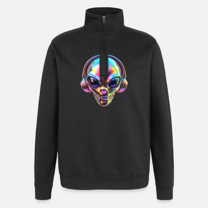 Chromatischer Alien-Kopf mit Kopfhörern - Quarter-Zip-Sweatshirt - Schwarz
