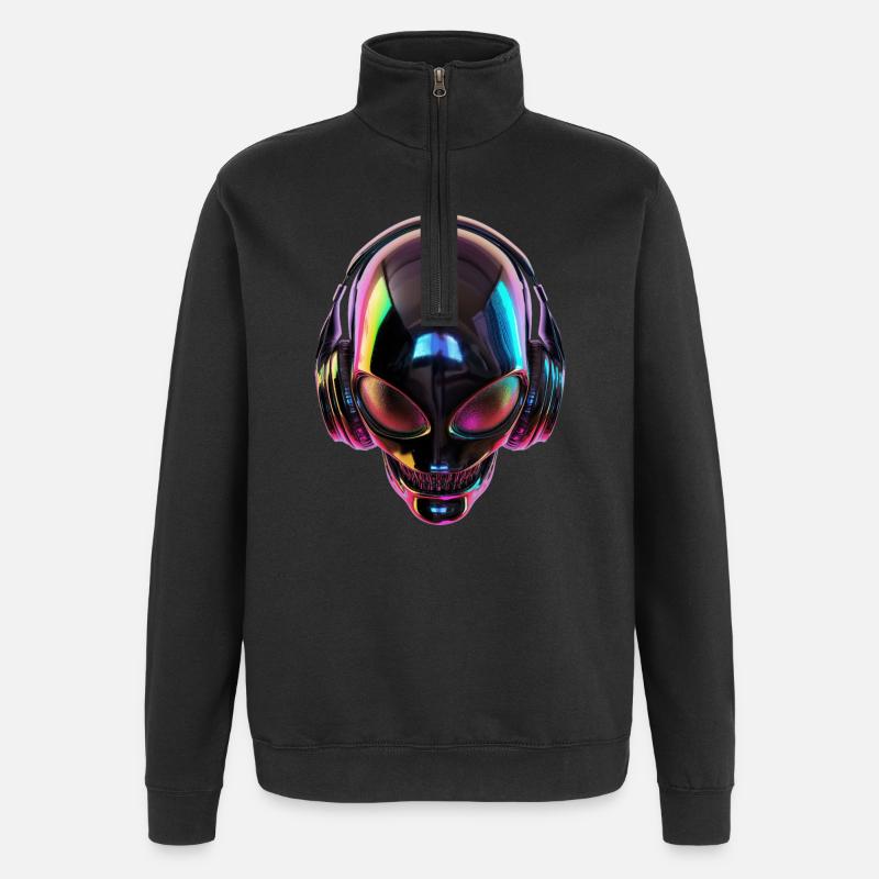 Schwarzer Alien-Kopf mit Kopfhörern - Quarter-Zip-Sweatshirt - Schwarz