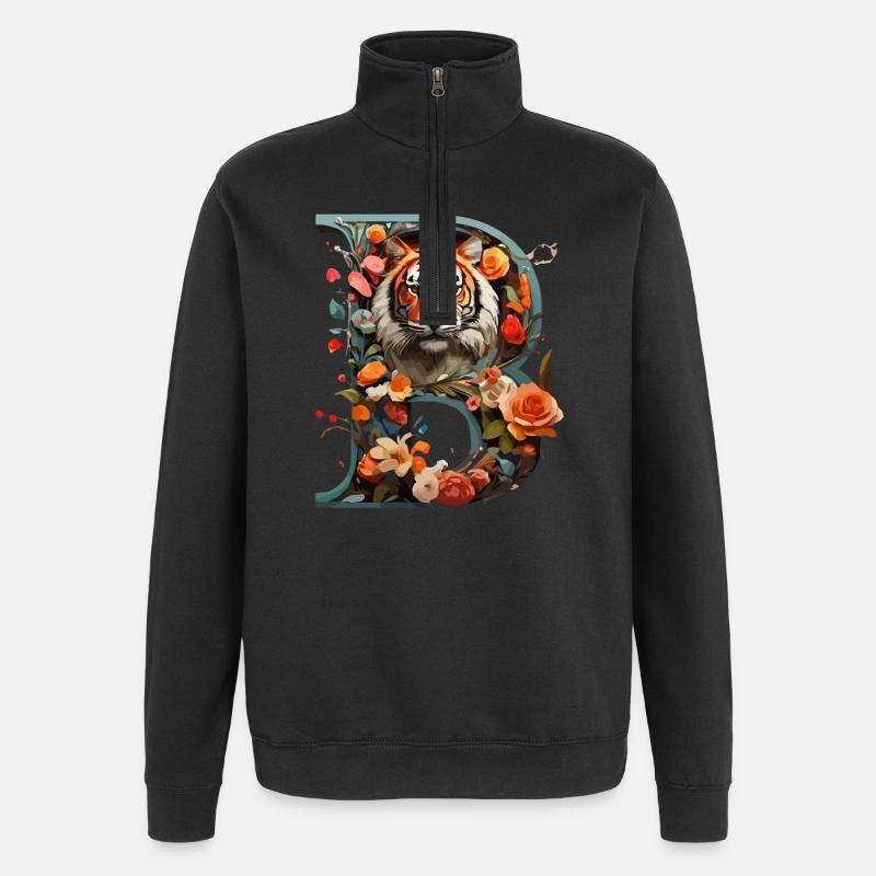 Feuriger Tiger und Blumen Illustration - Quarter-Zip-Sweatshirt - Schwarz
