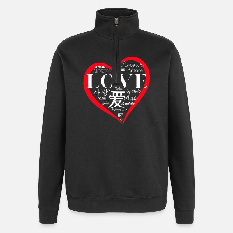 Global Love: Mehrsprachiges Herzdesign - Quarter-Zip-Sweatshirt - Schwarz