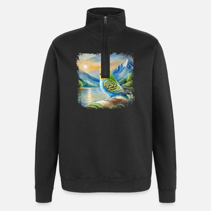 junger Wellensittich im Kinderbuchstil, Aquarell - Quarter-Zip-Sweatshirt - Schwarz
