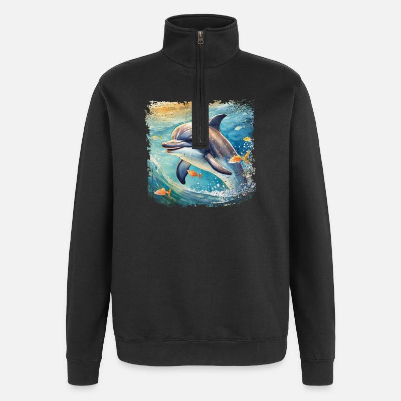 Niedlicher junger Delfin im Kinderbuchstil - Quarter-Zip-Sweatshirt - Schwarz