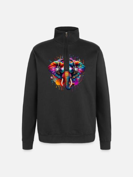 Bunter Elefant mit Kopfhörern - Quarter-Zip-Sweatshirt - Schwarz