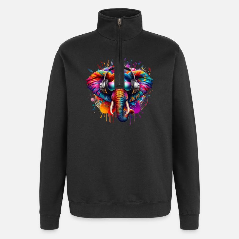 Bunter Elefant mit Kopfhörern - Quarter-Zip-Sweatshirt - Schwarz