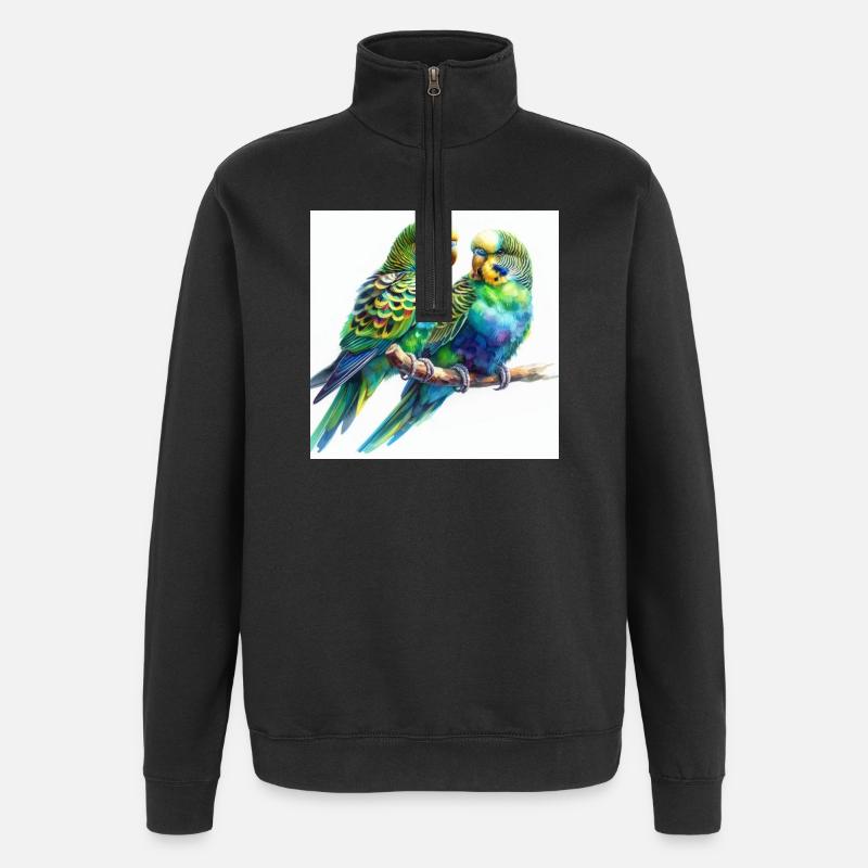 Perruches aquarelle - Sweat à zip 1/4 - noir