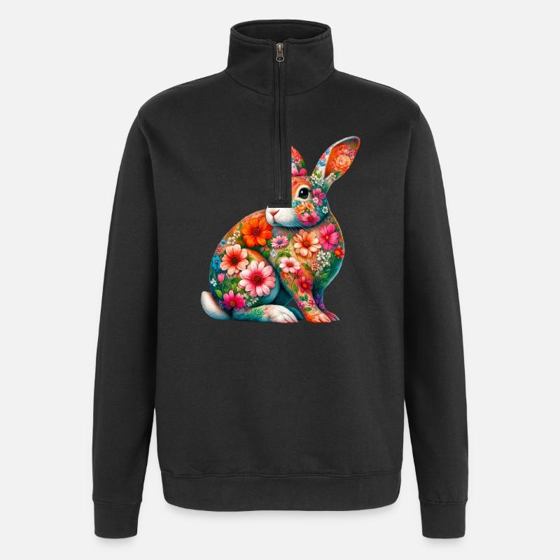 Hase mit Blumen geschmückt - Quarter-Zip-Sweatshirt - Schwarz