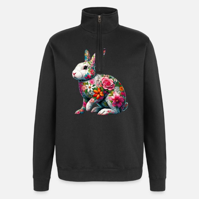 Hase mit Blumen geschmückt - Quarter-Zip-Sweatshirt - Schwarz